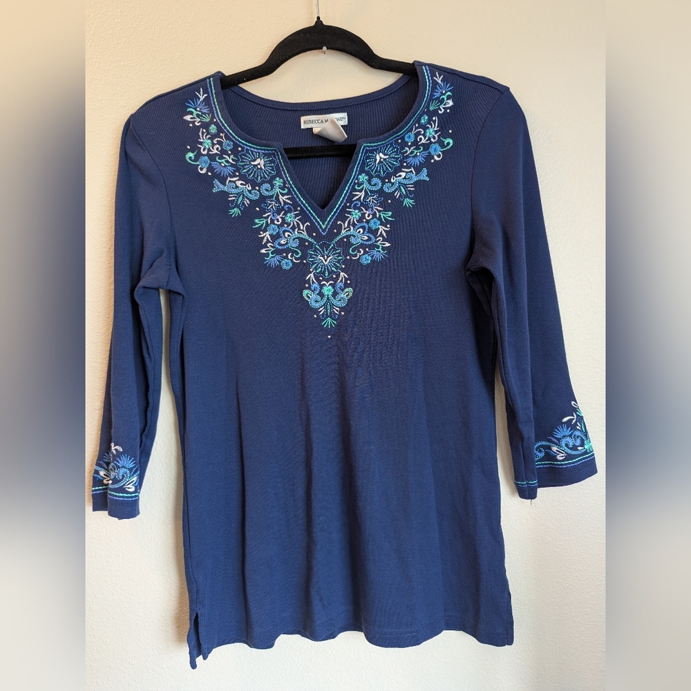 Rebecca Malone Blue Embroidered Tunic 3/4 Sleeves Size S